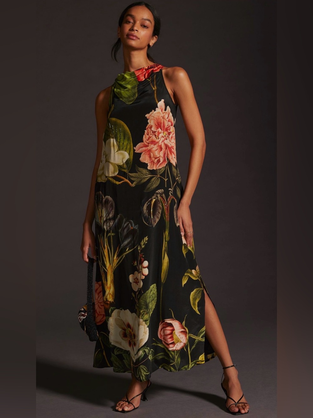 NWT ANTHROPOLOGIE SIDDHARTHA BASAL Halter Maxi Dress Black Floral 14